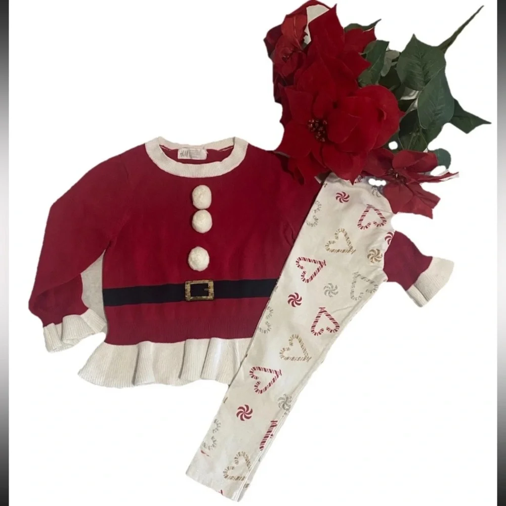 H&M Girls Size 4-6 Christmas Santa Sweater & Leggings Bundle